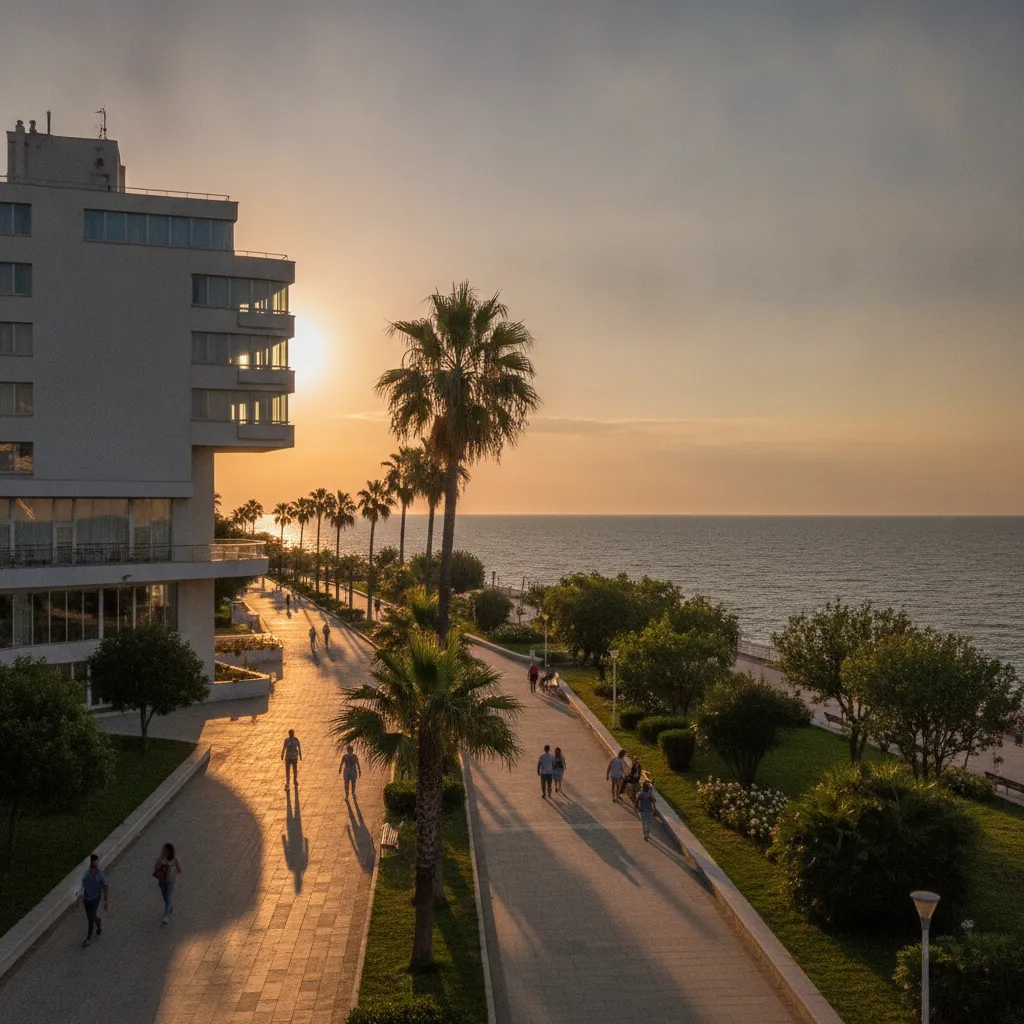 Seafront hotel and promenade in Burgas at golden hour near the Sea Garden