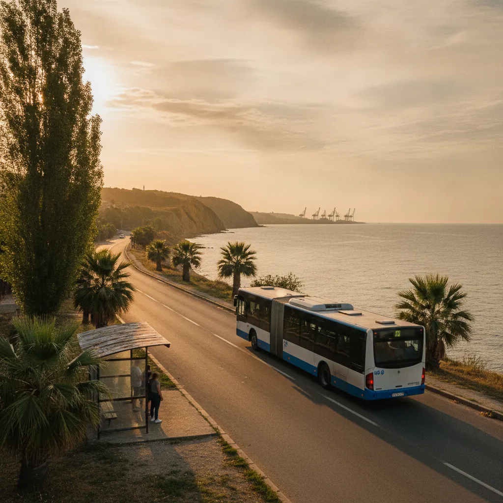 City bus on the coastal road between Sarafovo and central Burgas with the Black Sea behind it