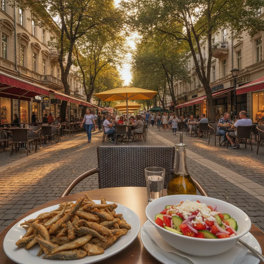 Outdoor café tables on a pedestrian street in central Burgas with people eating lunch in afternoon sunlight