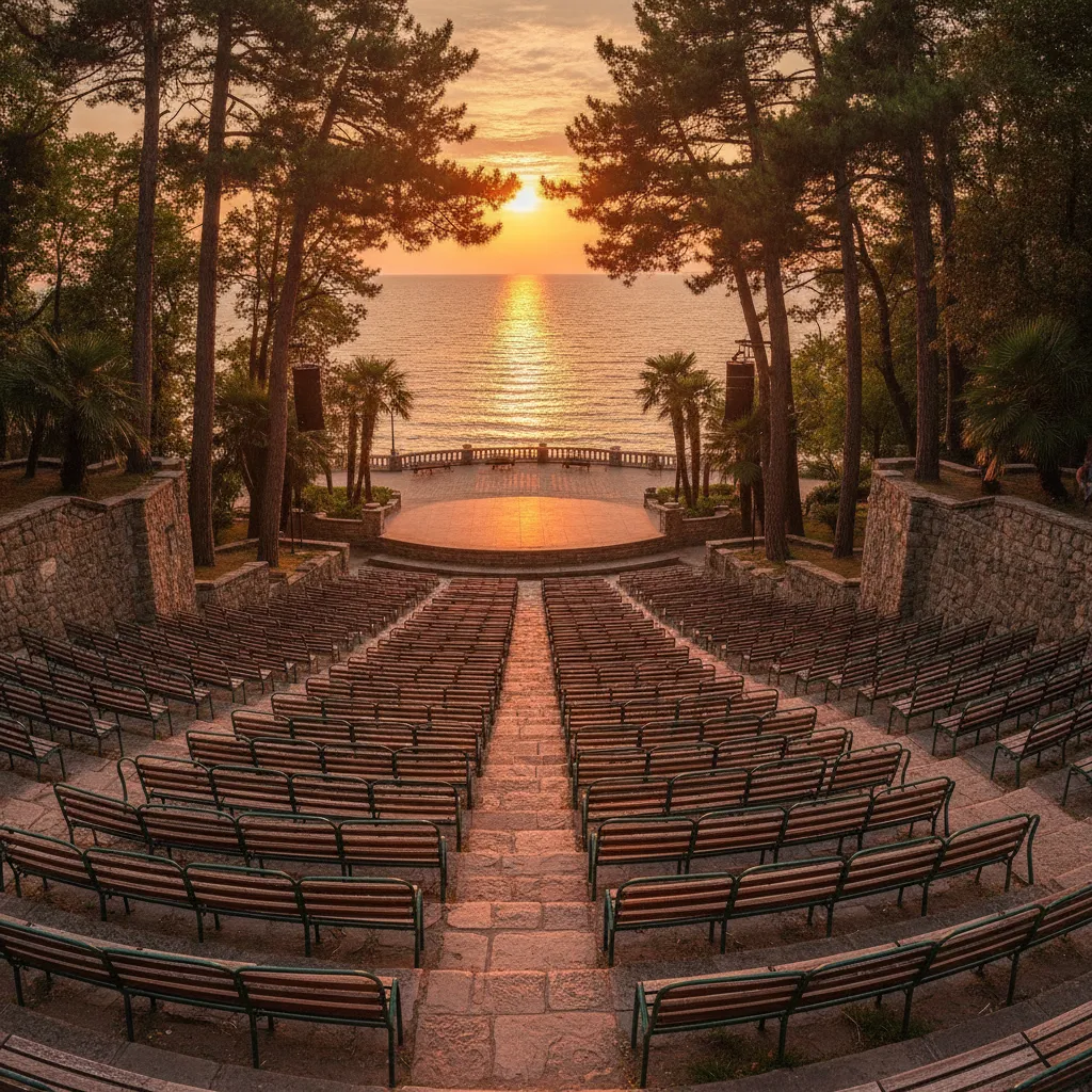 Open-air Summer Theatre stage in the Sea Garden park in Burgas on a warm evening