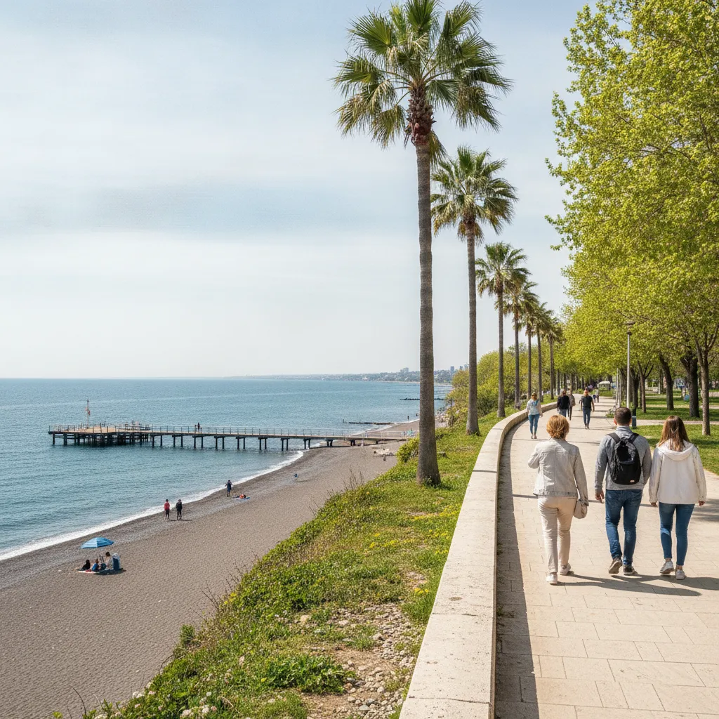 Palm-lined promenade in the Sea Garden above Burgas central beach on a bright, breezy spring day