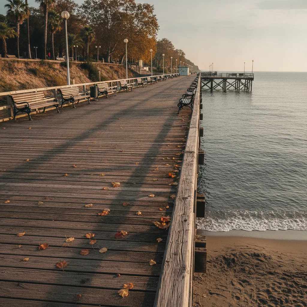 Empty wooden Bridge pier stretching over a calm Black Sea at Burgas central beach on a clear autumn morning