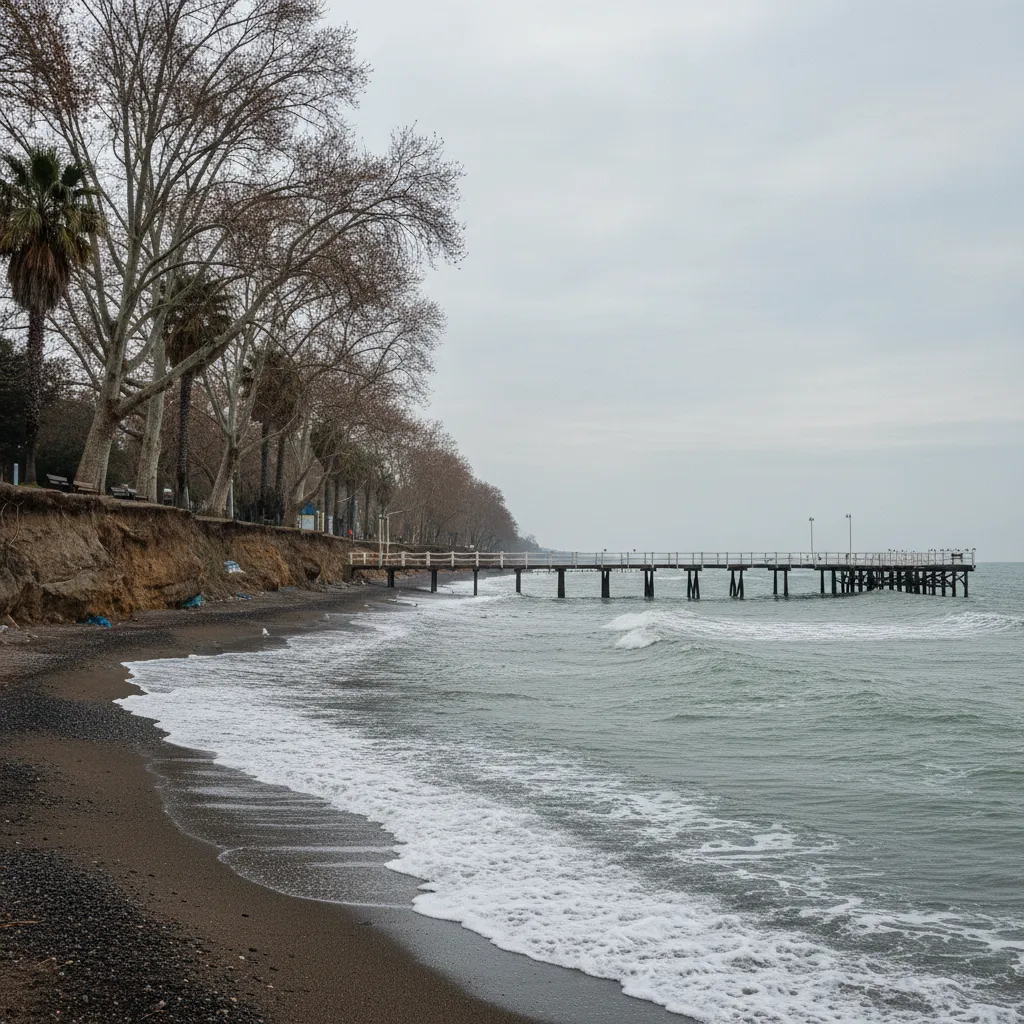 The wooden Bridge pier and empty dark-sand beach in Burgas on a grey winter morning, with the bare trees of the Sea Garden above