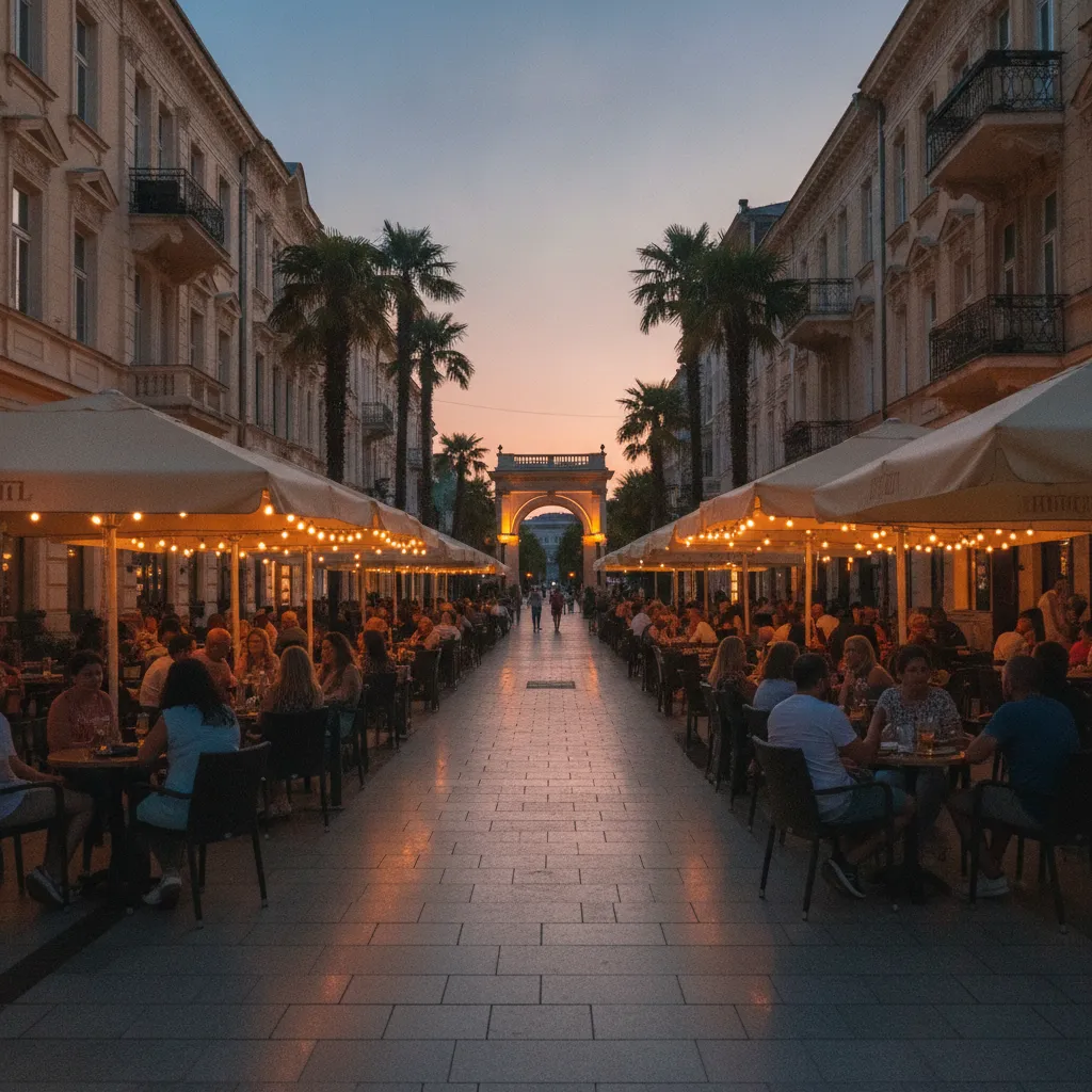 Illuminated bar terraces on Bogoridi street in central Burgas on a warm summer evening