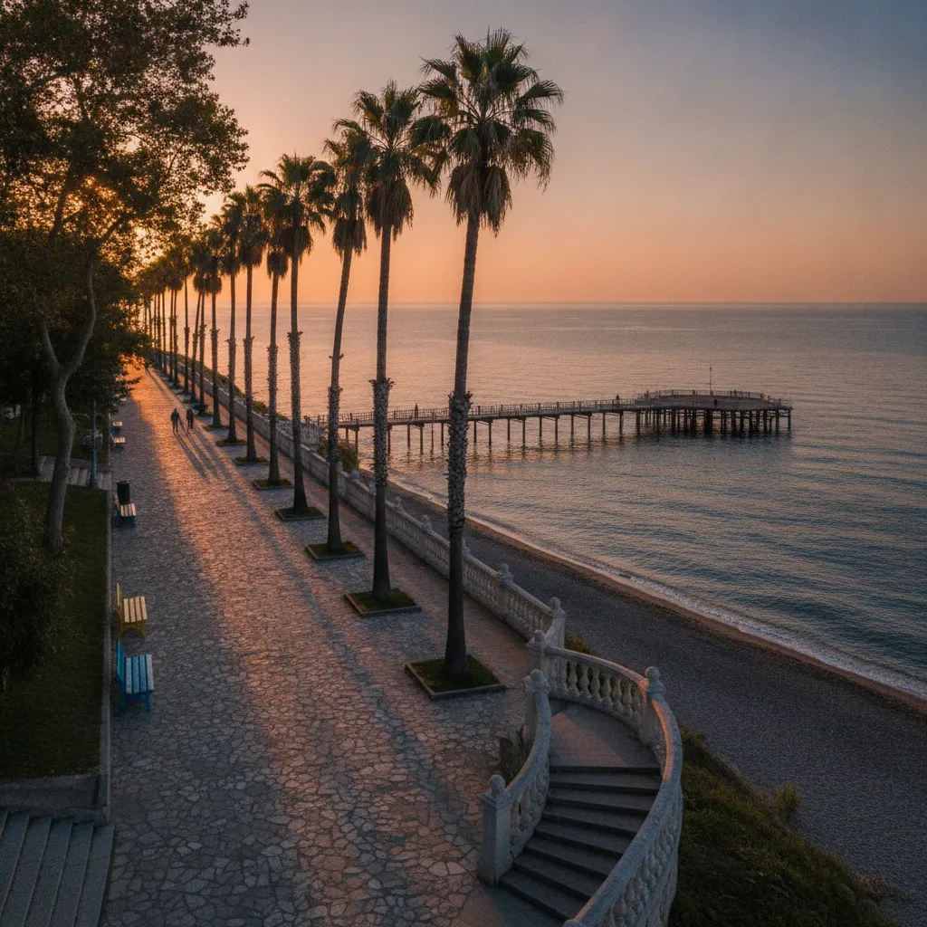 Palm-lined clifftop promenade in the Sea Garden park in Burgas at sunset, with the Black Sea behind