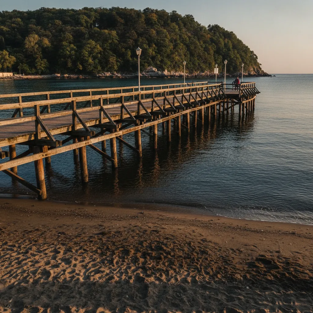 Wooden pier known as the Bridge stretching over Burgas central beach below the Sea Garden at sunrise