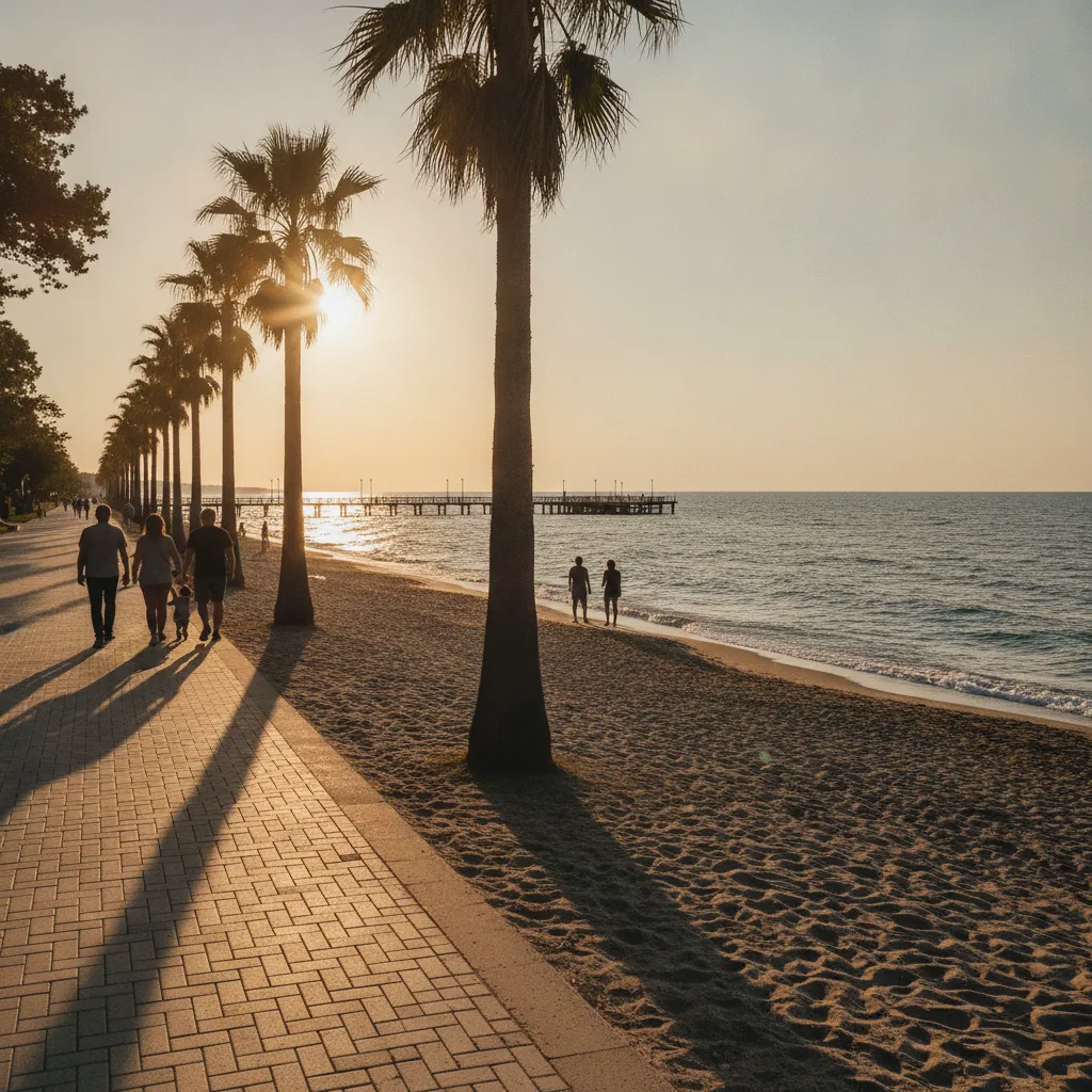 Families walking the palm-lined promenade of the Sea Garden above Burgas beach in late afternoon light