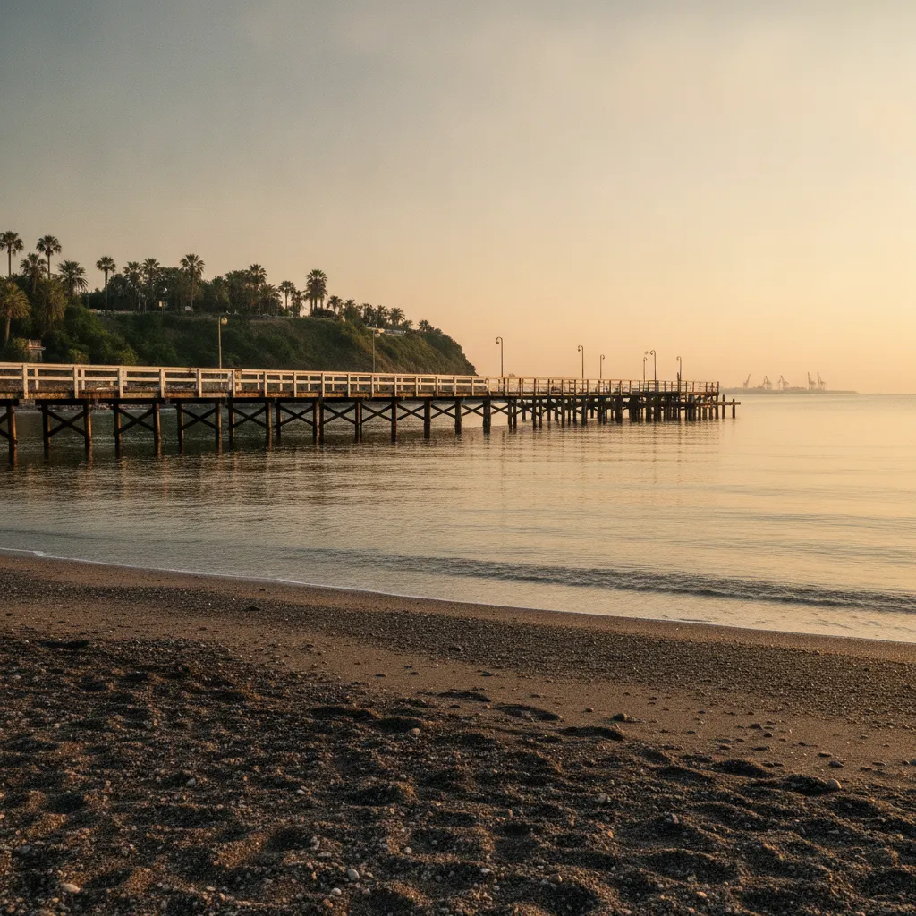Wooden pier known as the Bridge stretching over the dark sand beach below the Sea Garden in Burgas at sunrise