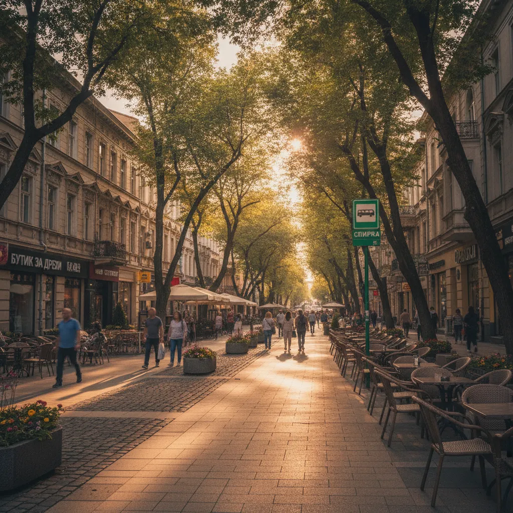 Street signs and shopfronts in Cyrillic script on a pedestrian street in central Burgas, Bulgaria