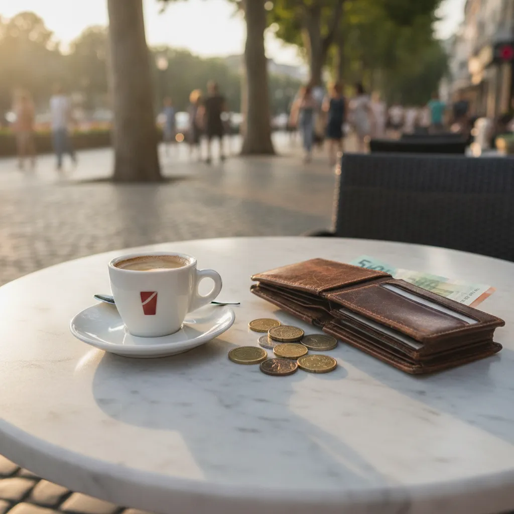 Cash and coffee on a café table on Bogoridi street in Burgas with shoppers passing in warm afternoon light