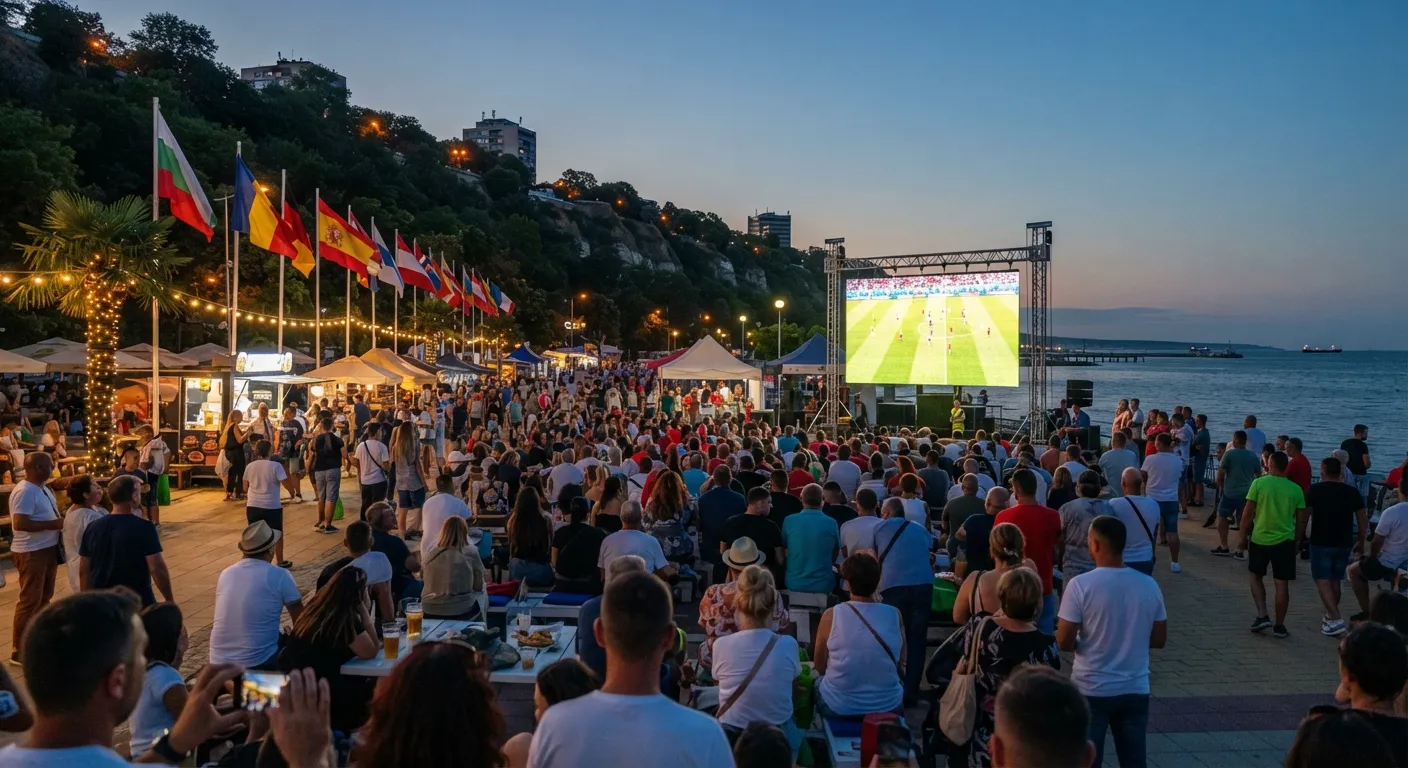 Seaside fan village in Burgas at dusk with a giant screen, food stalls, palms and flags