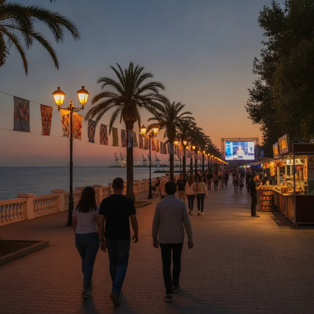 Crowds on the palm-lined Sea Garden promenade in Burgas at dusk during Eurovision week, big screen glowing by the sea