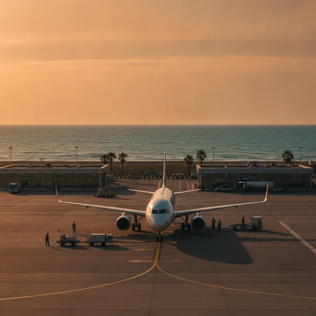 Passenger aircraft on the apron at Burgas Airport at Sarafovo with the Black Sea beyond in warm afternoon light