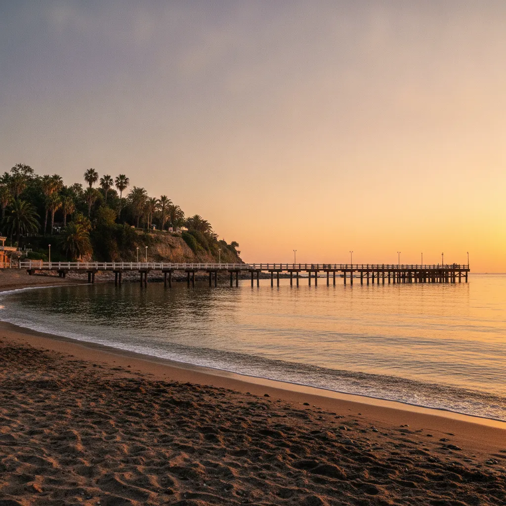 The wooden Bridge pier stretching over the sea at Burgas Central Beach at sunrise