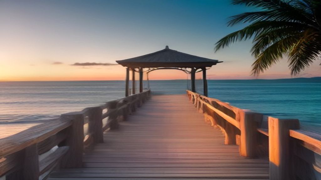 The wooden Bridge pier stretching over Burgas central beach at sunrise, with the Sea Garden cliff behind