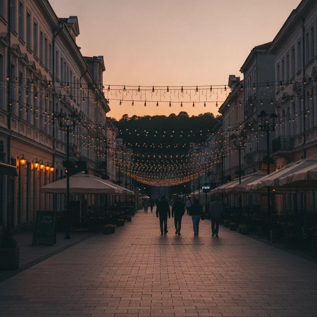 Evening on the pedestrian Bogoridi street in central Burgas, with lit cafés and people strolling towards the Sea Garden