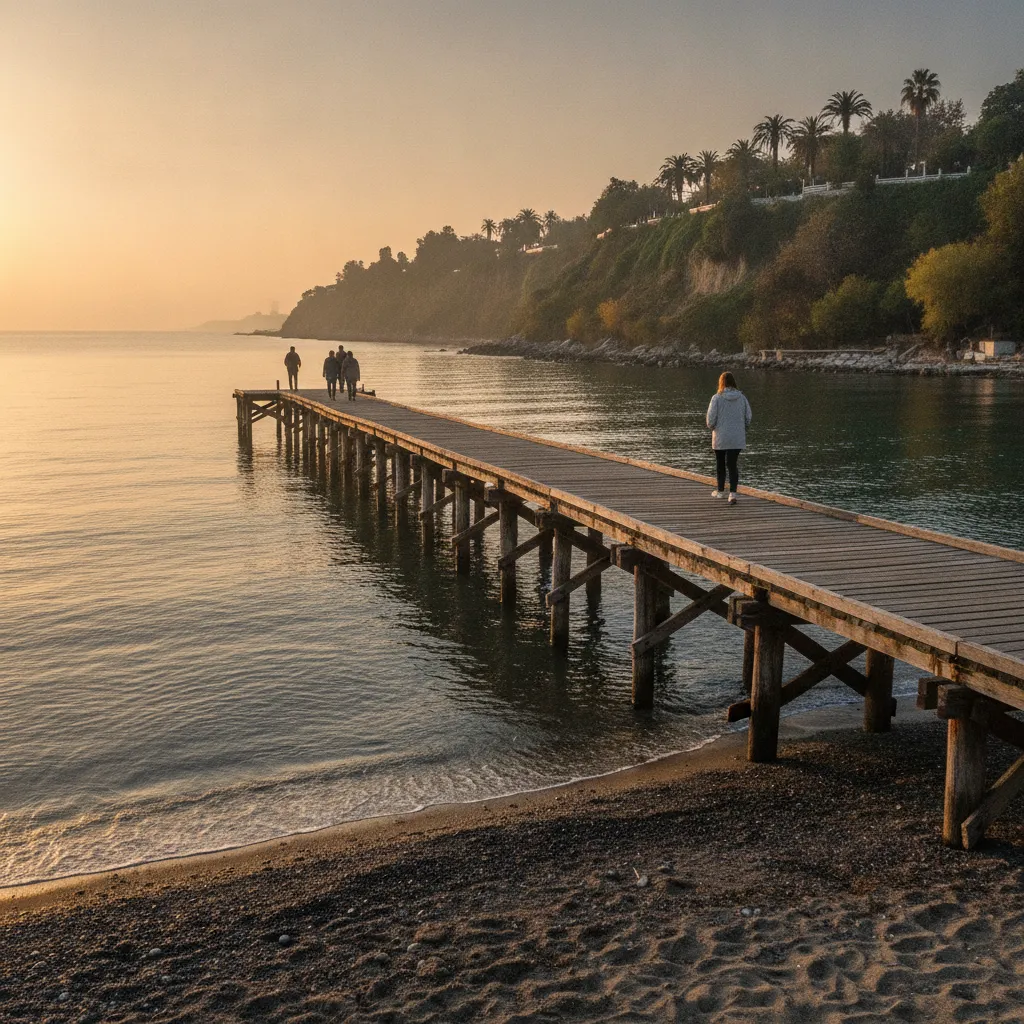 The wooden Bridge pier stretching over the calm Black Sea at Burgas central beach on a clear September morning