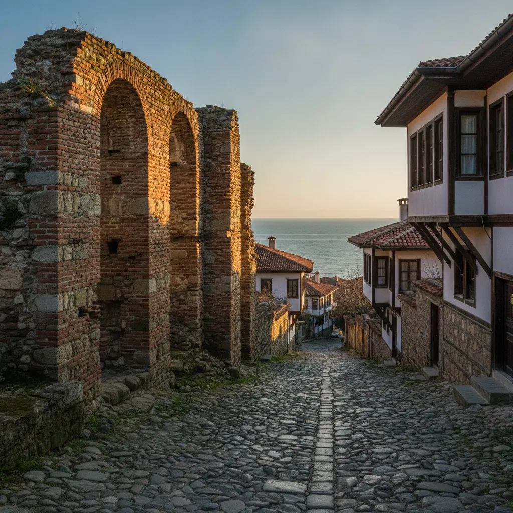 Stone medieval church and wooden Revival houses in the UNESCO old town of Nessebar near Burgas