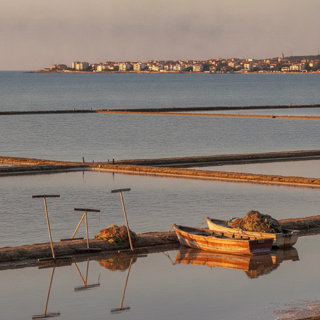 Salt pans and small fishing boats beside the lagoon at Pomorie near Burgas, Bulgaria