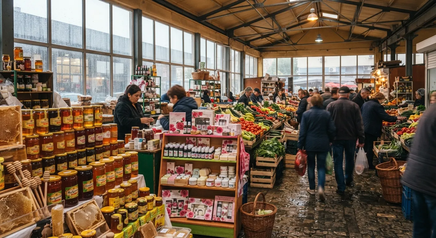 Covered market stall with honey jars and rose products in Burgas on a rainy day