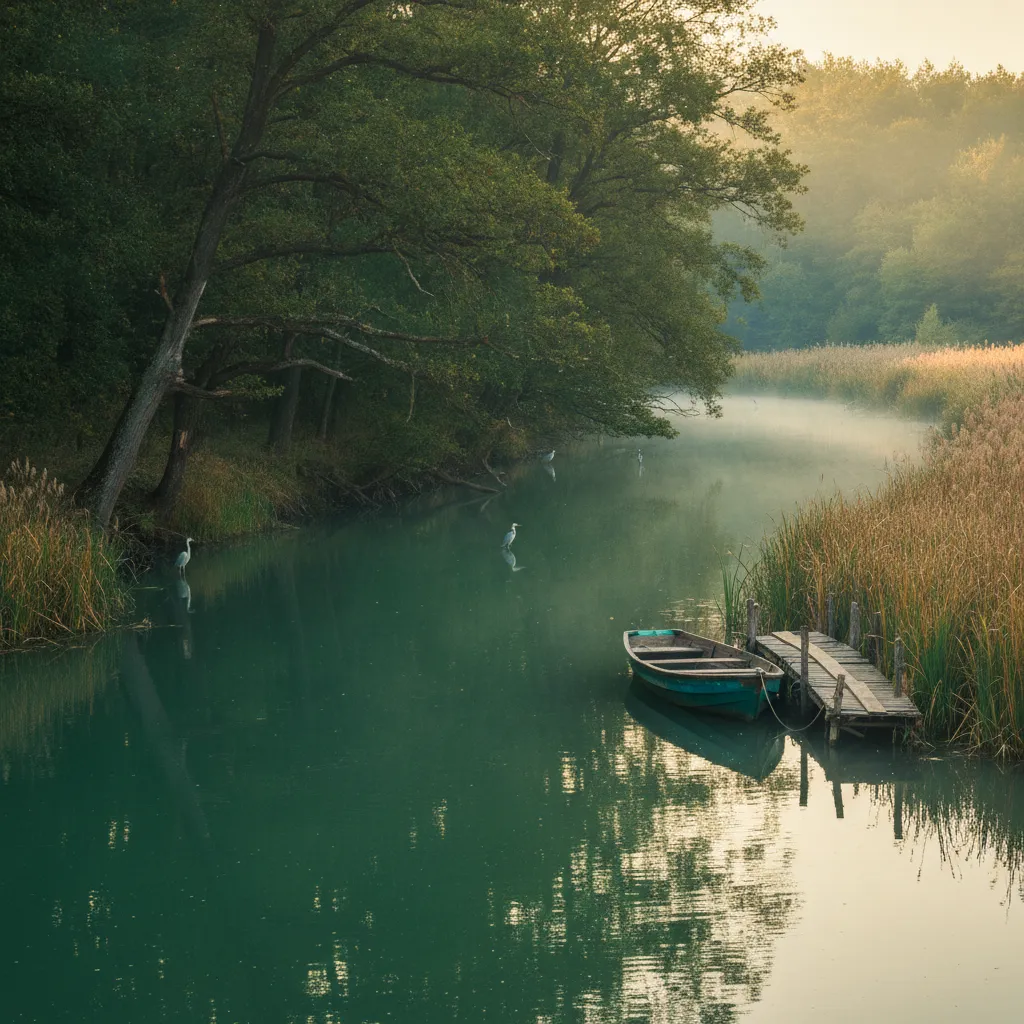 Calm forest-lined river winding through the Ropotamo nature reserve south of Burgas in morning light