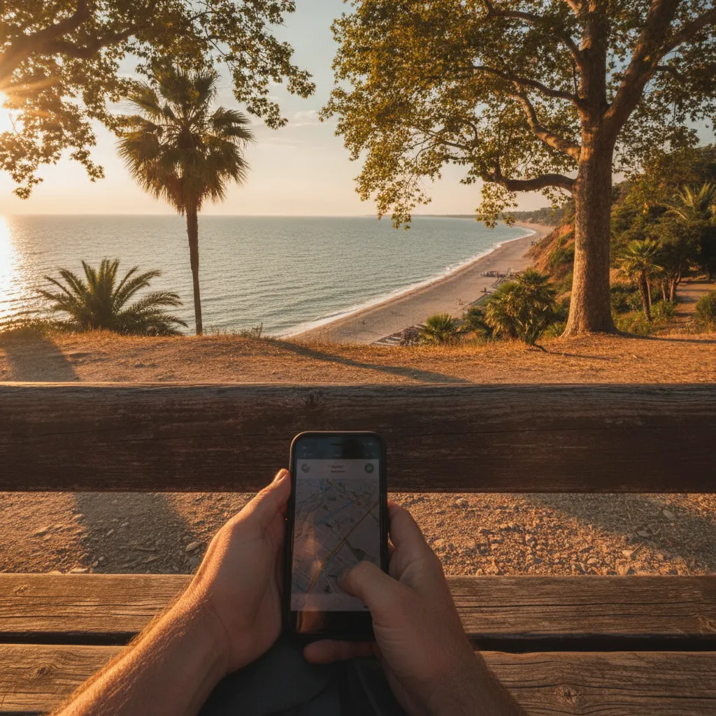 Traveller checking a phone on a bench in the Sea Garden above Burgas beach, Black Sea in the background