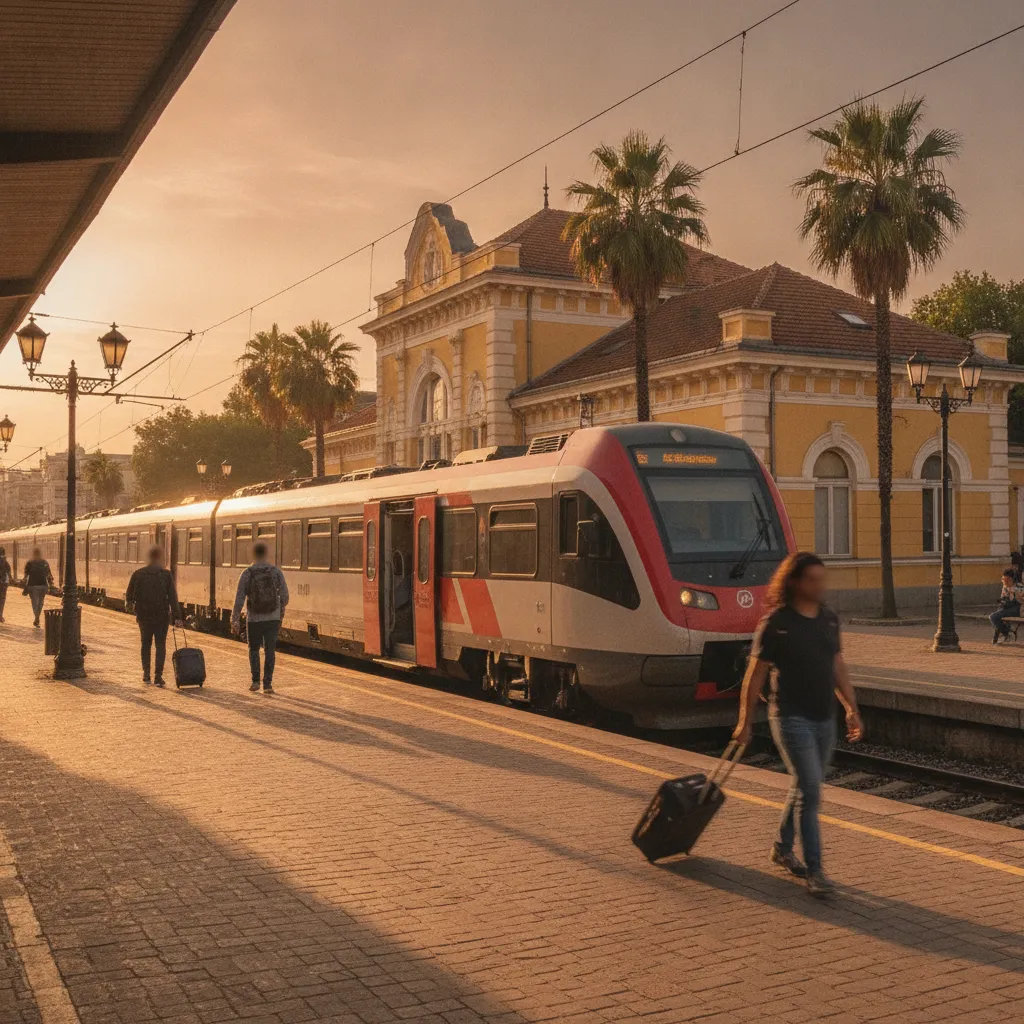 Platform at Burgas central railway station on the Bulgarian Black Sea coast, with a train waiting under afternoon light