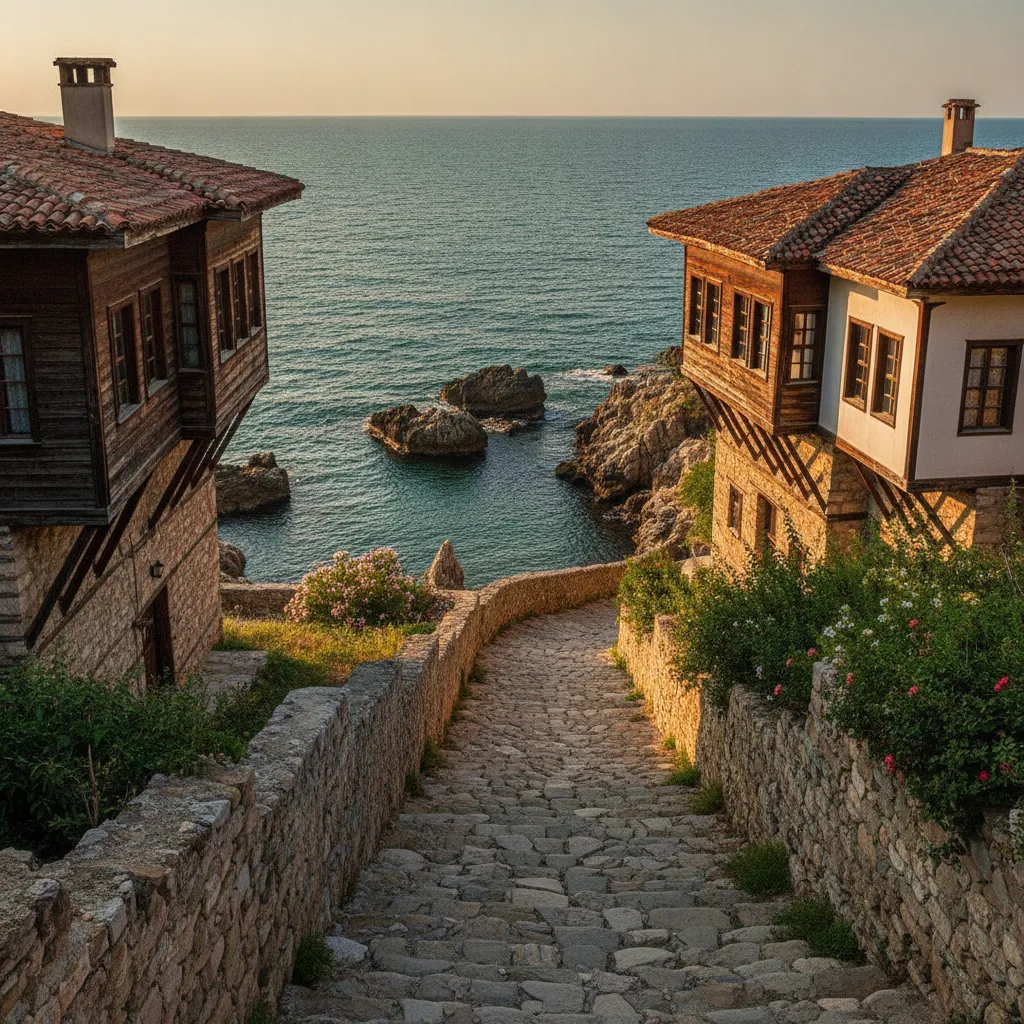 Dark-timber Revival houses on the cliff edge of Sozopol old town above the Black Sea, a day trip from Burgas