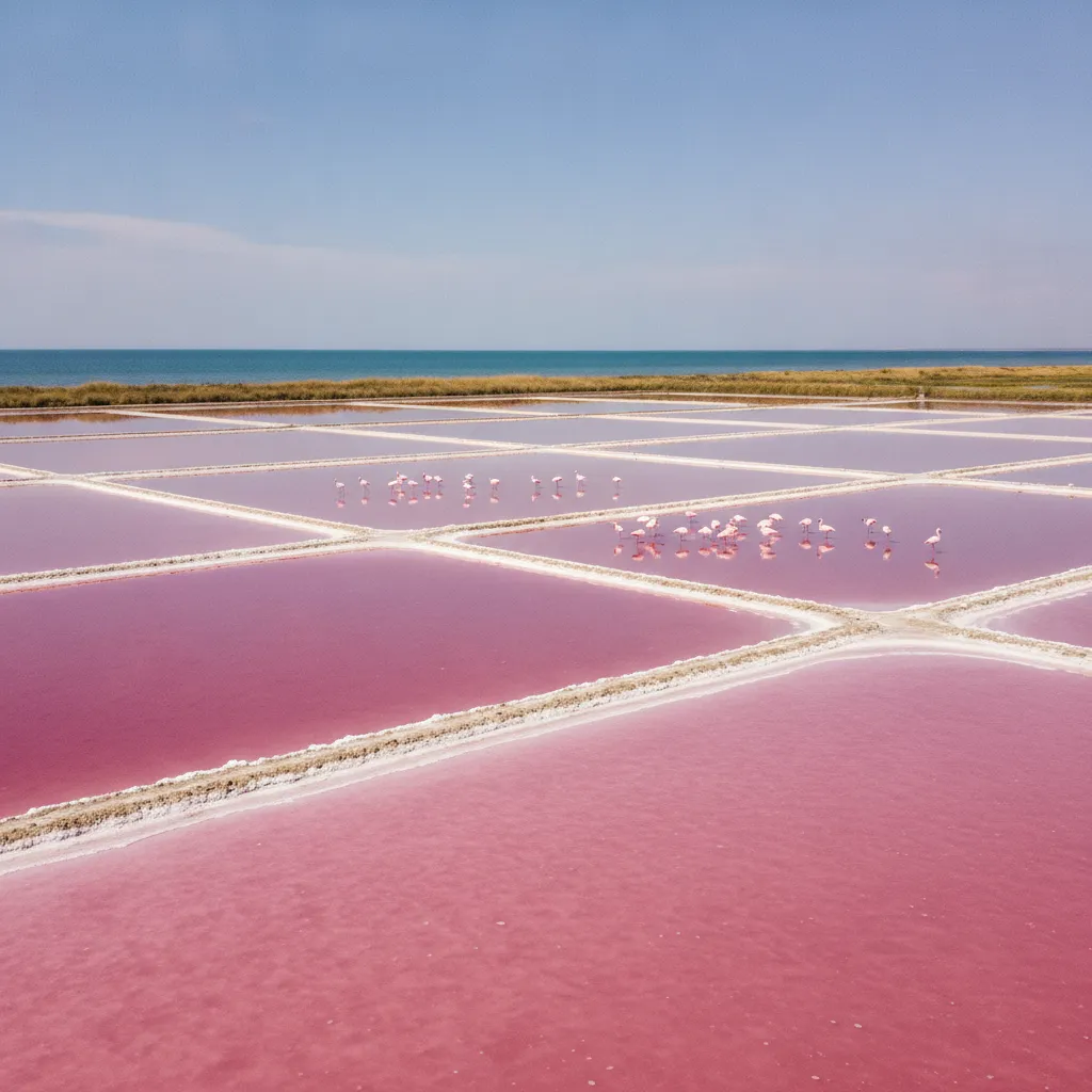 Pink salt pans of Atanasovsko Lake near Burgas with flamingos wading in shallow brine under summer sun