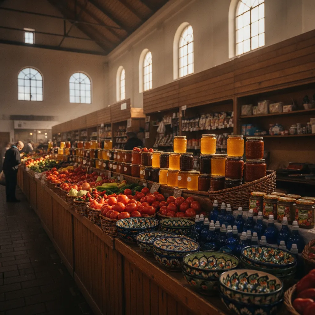Market stalls in Burgas piled with produce, honey jars and rose oil products under morning light