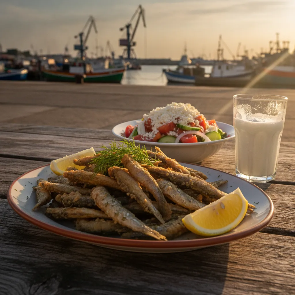Plate of fried Black Sea sprat with lemon and shopska salad on a sunlit terrace table in Burgas