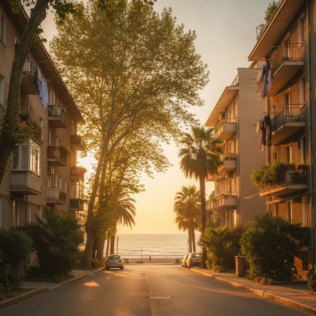 Balconies of apartment buildings near the Sea Garden in Burgas at golden hour, with palm trees and the Black Sea beyond