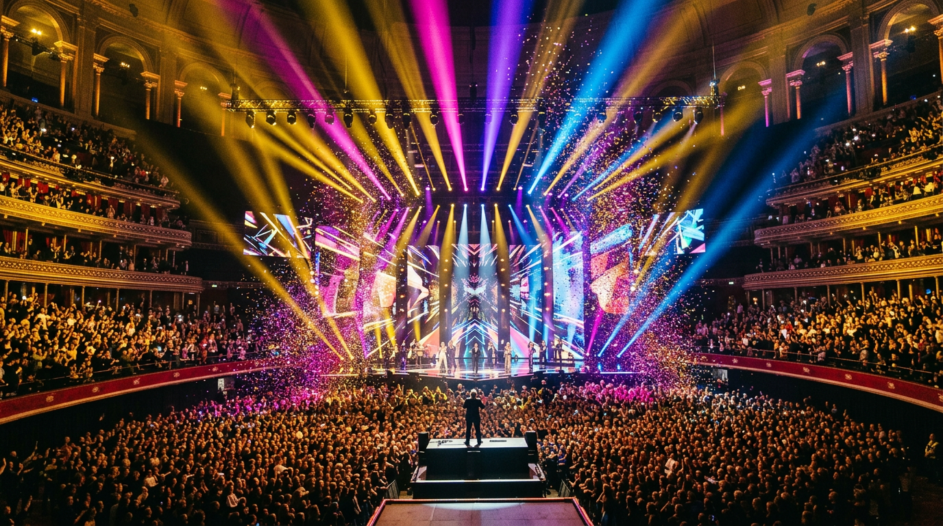 Colourful Eurovision arena stage with dramatic lights and confetti