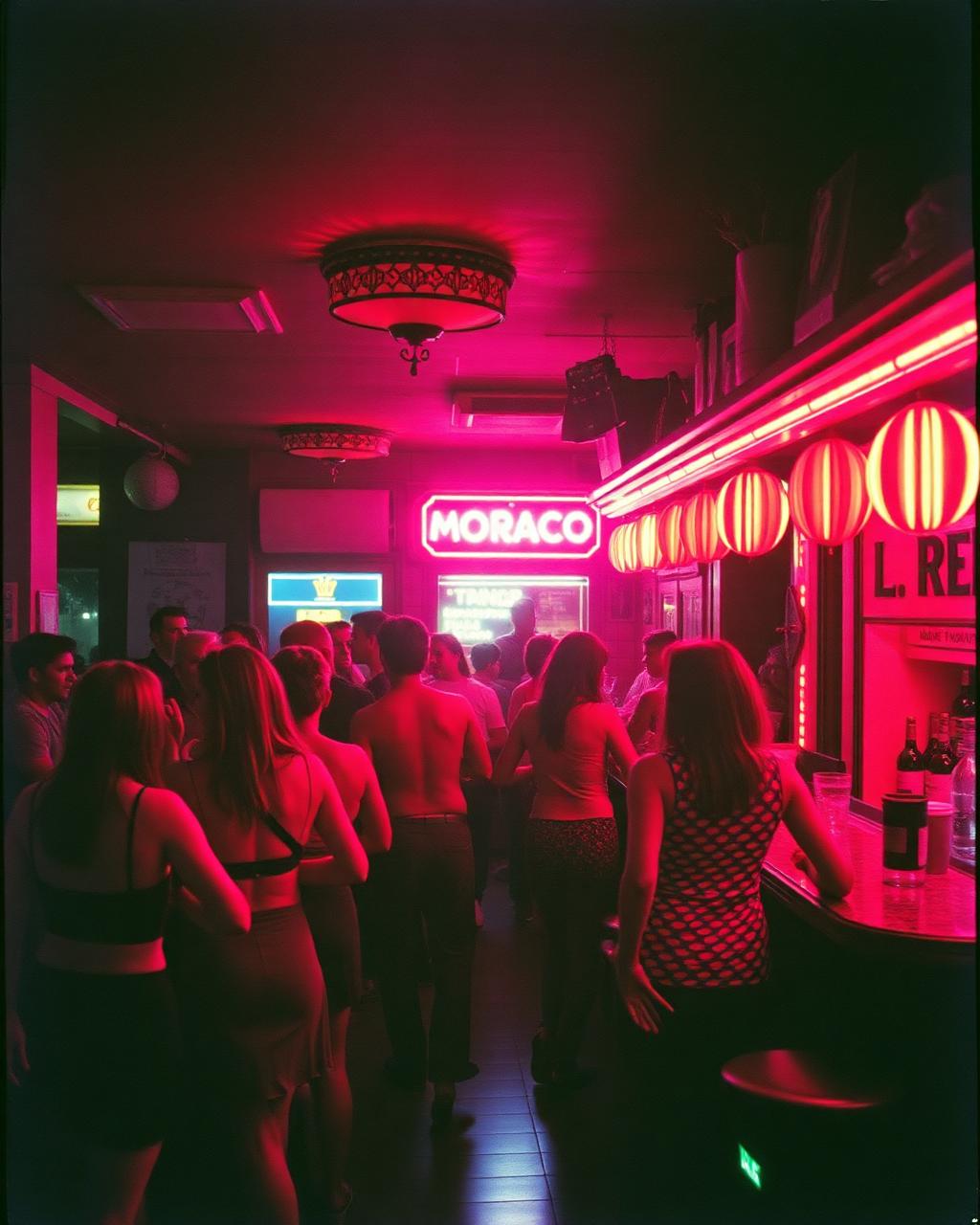 Neon-lit night bar terrace on Bogoridi street in Burgas