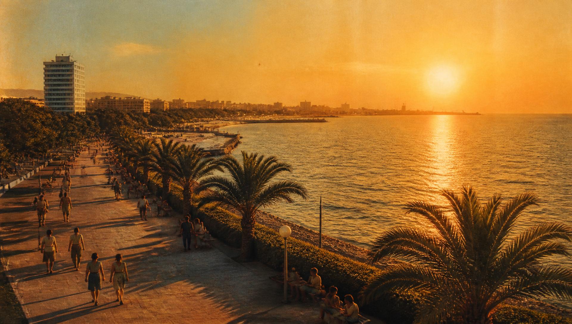 Sunset over the Black Sea coastline at Burgas, Bulgaria