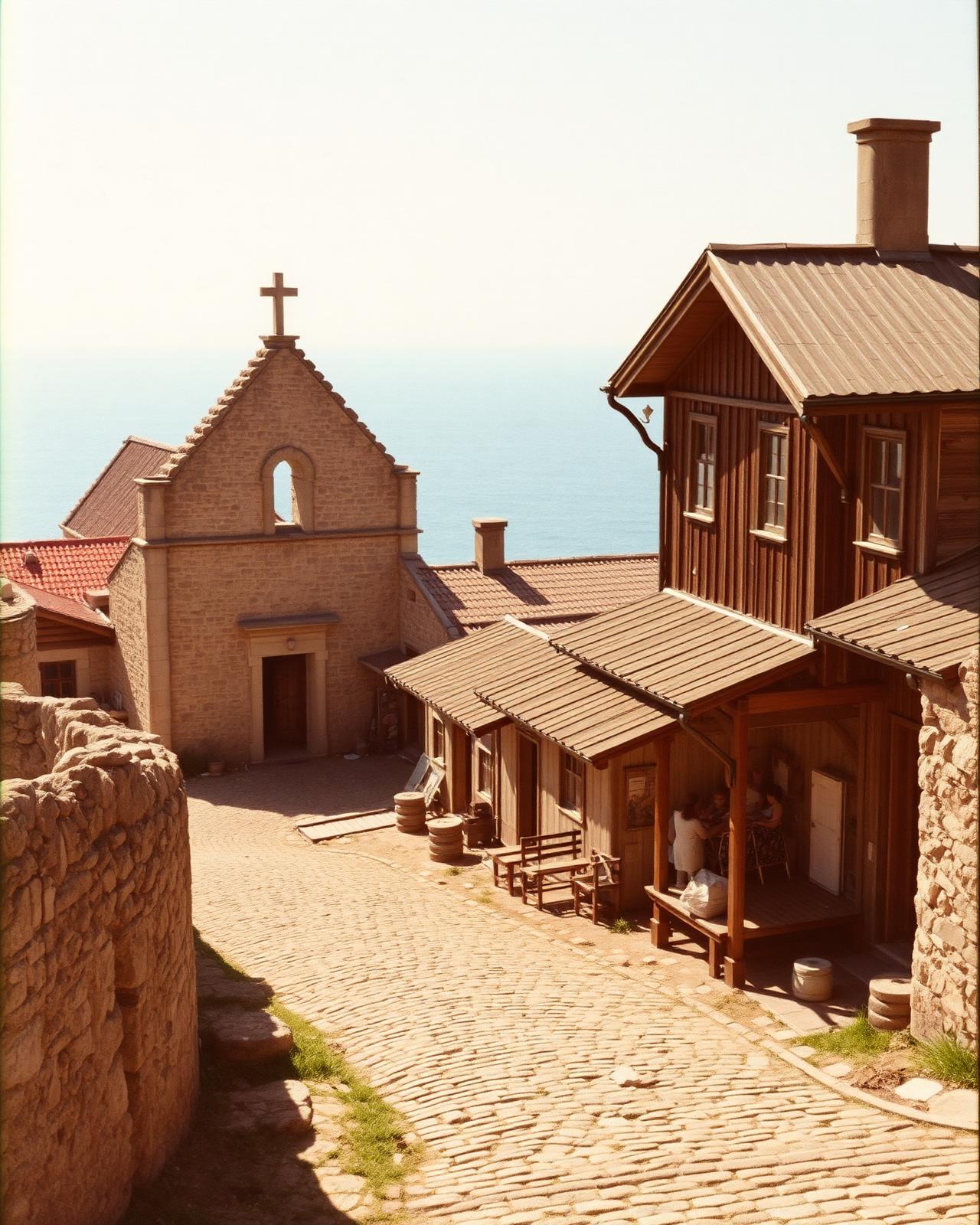 Stone church and wooden houses in the old town of Nessebar
