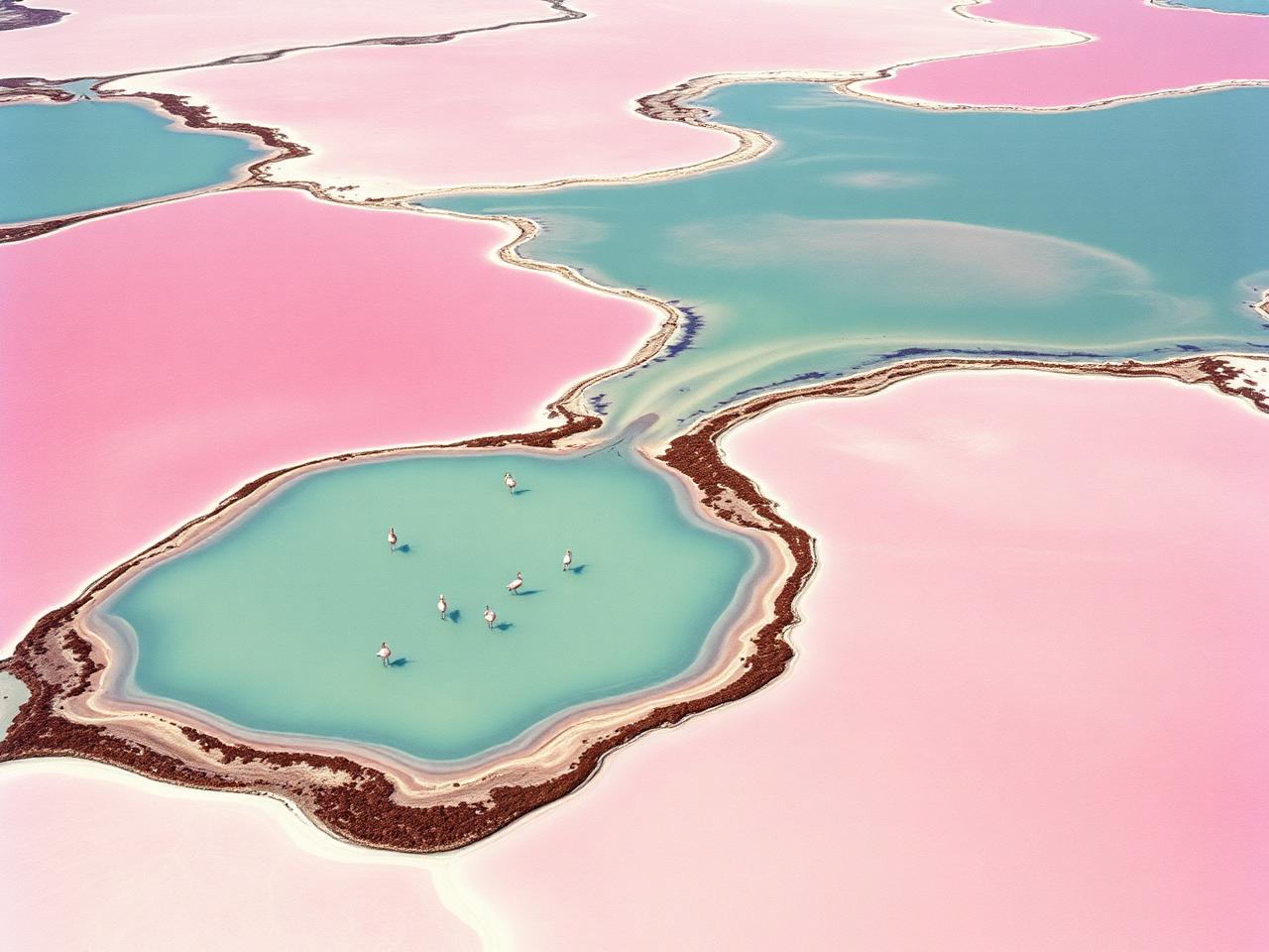Pink salt lake near Burgas with flamingos and salt pans