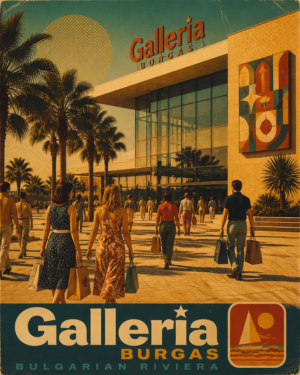 Galleria Burgas shopping mall exterior with palm trees and 70s poster styling