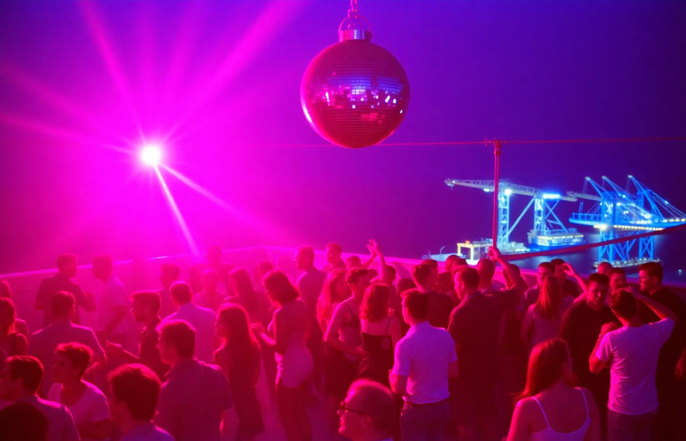 Rooftop afterparty with mirror ball, pink lights and the lit port cranes behind