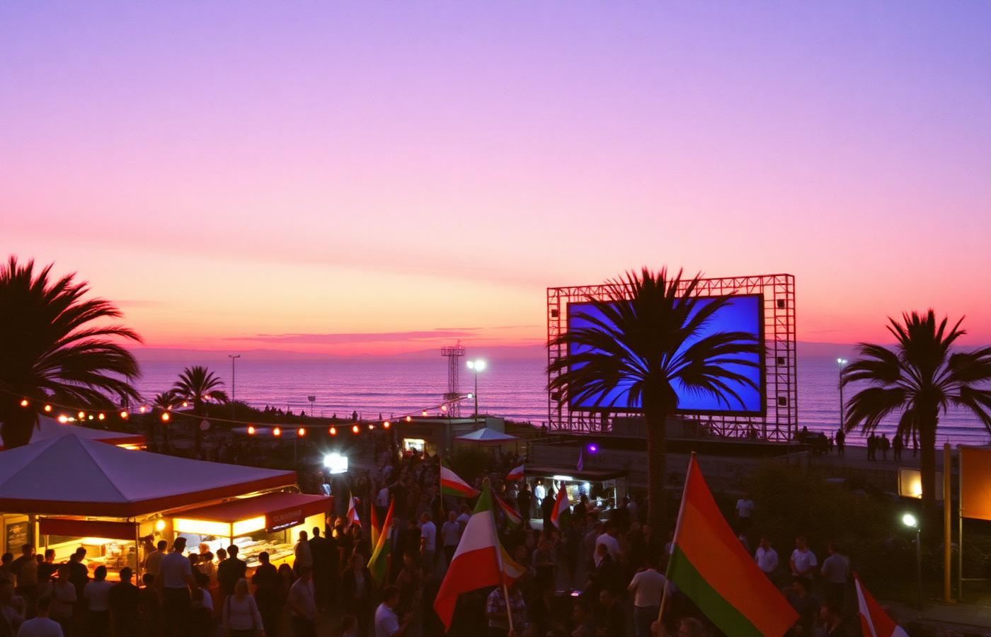 Seaside fan village at dusk with a giant screen, food stalls, palms and flags