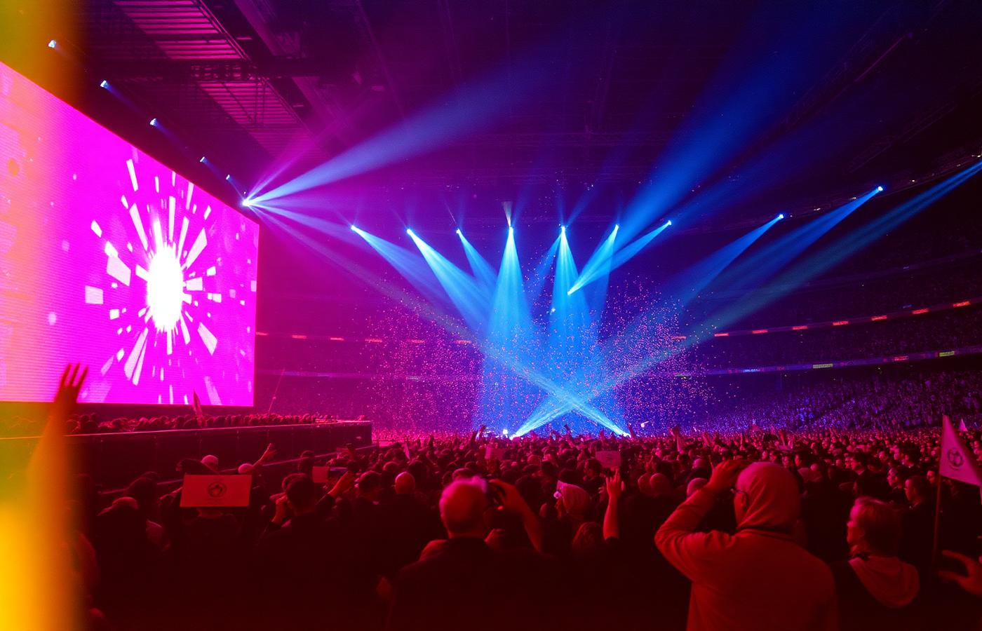 Eurovision arena stage with magenta LED wall, blue spotlights and confetti over the crowd