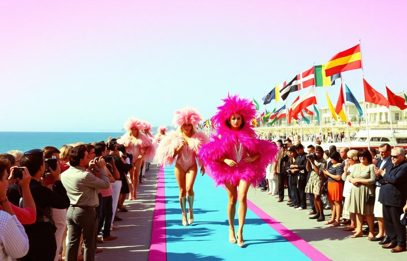 Performers in sequins and feathers on the turquoise carpet with national flags
